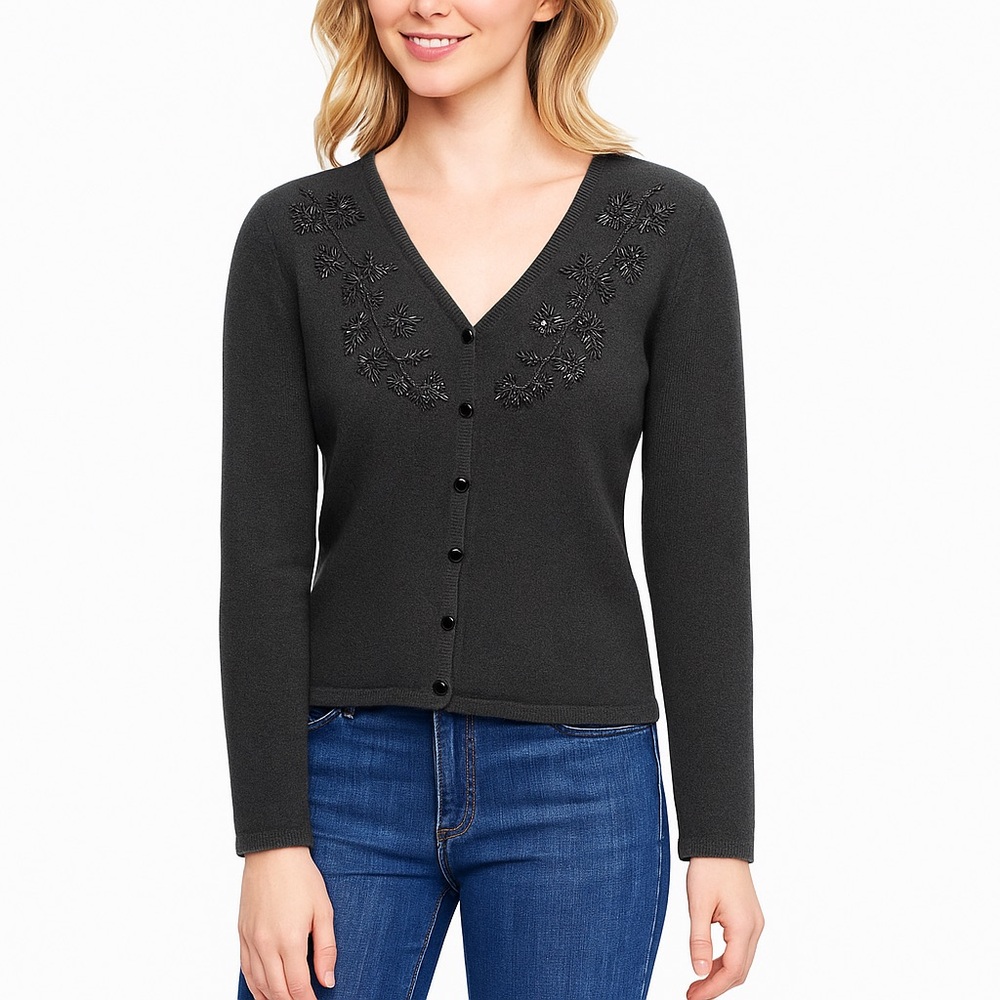 Jay Jacobs Silk Angora Blend Embellished Cardigan Sweater – Charcoal Gray